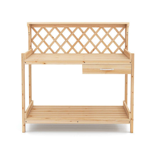 Garden Potting Bench Table Wooden Planting Workstation with Lattice Trellis