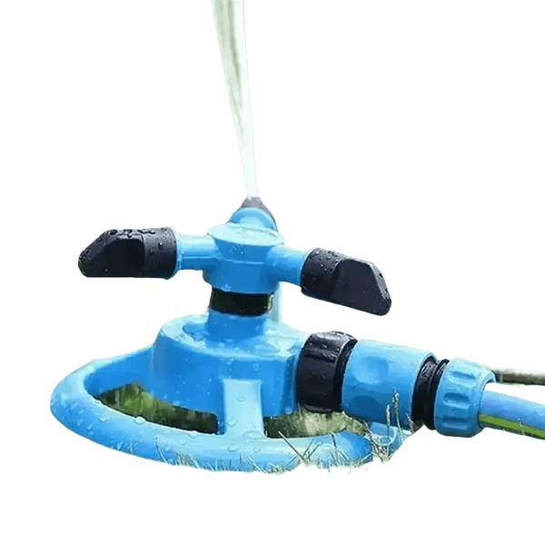 Blue Rotating Garden Sprinklers Watering Grass